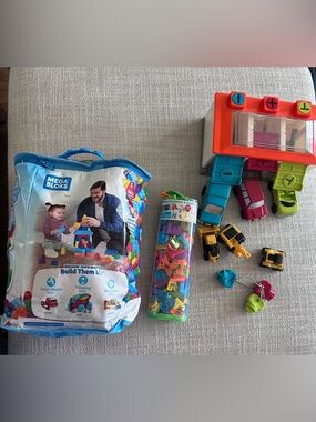 Kids toy bundle megabloks, car garage key and lock toy, alphabet magnets